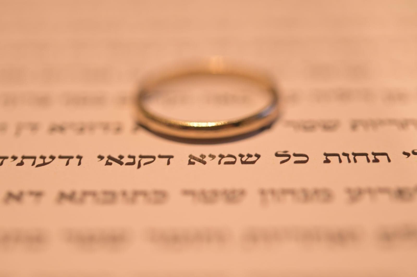 Gold wedding ring resting on Hebrew ketubah text